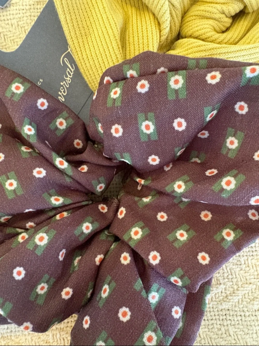 NWT Universal Thread Brown Floral Bow and Mustard Yellow Ribbed Scrunchie Set